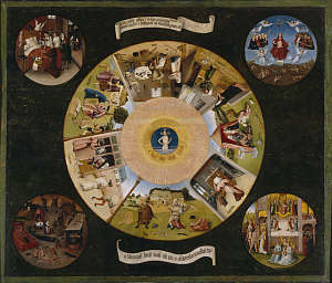 Les Sept Péchés capitaux et les Quatre Dernières Étapes humaines, peinture de Jérôme Bosch, vers 1500.