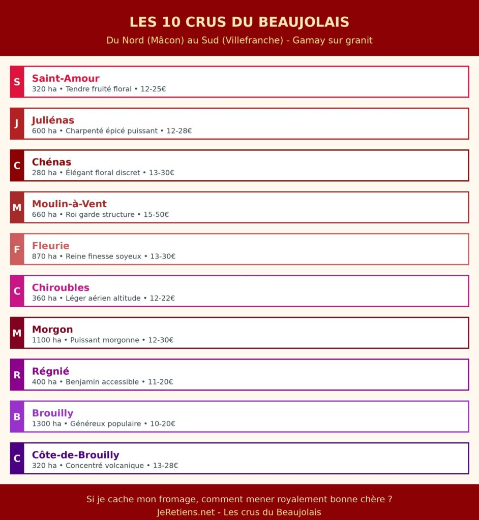 Infographie 10 crus Beaujolais ordre géographique nord-sud Gamay granit : Saint-Amour (320 ha tendre 12-25€), Juliénas (600 ha charpenté 12-28€), Chénas (280 ha élégant 13-30€), Moulin-à-Vent (660 ha roi garde 15-50€), Fleurie (870 ha reine finesse 13-30€), Chiroubles (360 ha léger altitude 12-22€), Morgon (1100 ha morgonne 12-30€), Régnié (400 ha benjamin 11-20€), Brouilly (1300 ha généreux 10-20€), Côte-de-Brouilly (320 ha volcanique 13-28€). Mnémotechnique Si je cache mon fromage comment mener royalement bonne chère.
