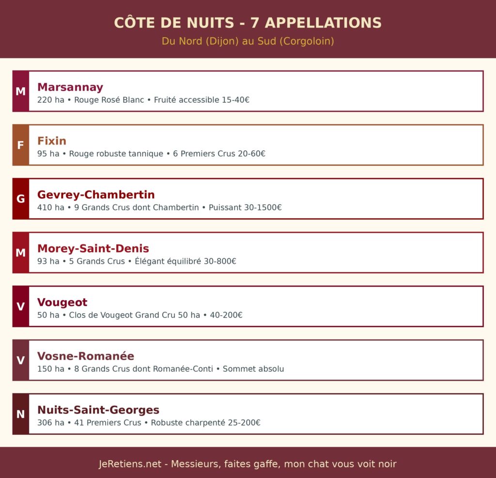 Infographie 7 appellations Côte de Nuits Bourgogne ordre géographique nord-sud : Marsannay (220 ha rouge rosé blanc fruité 15-40€), Fixin (95 ha rouge robuste 6 Premiers Crus 20-60€), Gevrey-Chambertin (410 ha 9 Grands Crus dont Chambertin puissant 30-1500€), Morey-Saint-Denis (93 ha 5 Grands Crus élégant 30-800€), Vougeot (50 ha Clos de Vougeot Grand Cru 40-200€), Vosne-Romanée (150 ha 8 Grands Crus dont Romanée-Conti sommet absolu), Nuits-Saint-Georges (306 ha 41 Premiers Crus robuste 25-200€). Chaque appellation carte blanche bordure bourgogne dégradé bande colorée gauche lettre mnémotechnique blanche nom détails. Mnémotechnique MIZUNO Ami Messieurs faites gaffe mon chat vous voit noir.