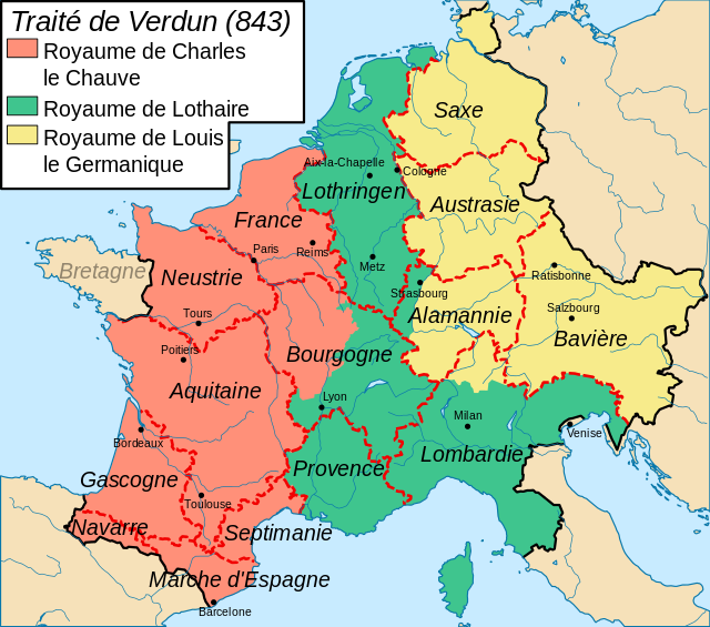 La répartition des territoires de l'Empire Carolingien après le Traité de Verdun en 843.