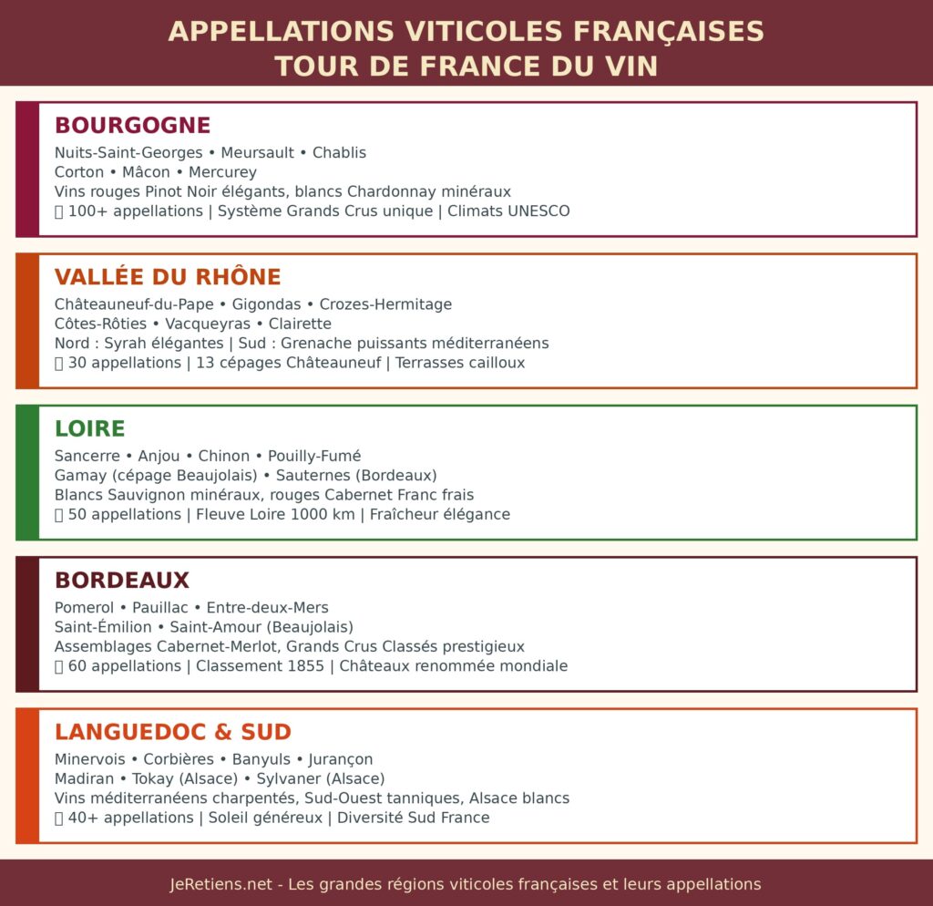 Infographie tour France viticole 5 grandes régions appellations : Bourgogne (Nuits-Saint-Georges Meursault Chablis Corton Mâcon Mercurey Pinot Noir Chardonnay 100 appellations Grands Crus), Vallée Rhône (Châteauneuf-du-Pape Gigondas Crozes-Hermitage Côtes-Rôties Syrah Grenache 30 appellations), Loire (Sancerre Anjou Chinon Pouilly-Fumé Sauvignon Blanc Cabernet Franc 50 appellations), Bordeaux (Pomerol Pauillac Entre-deux-Mers assemblages Cabernet-Merlot Classement 1855 60 appellations), Languedoc Sud (Minervois Corbières Banyuls Jurançon Madiran vins méditerranéens 40 appellations). Chaque région carte blanche bordure colorée thématique détails appellations caractéristiques cépages.