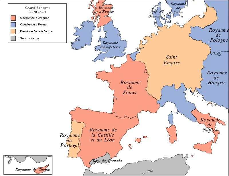 Carte de la division de l'Europe suite au Grand Schisme d'Occident
