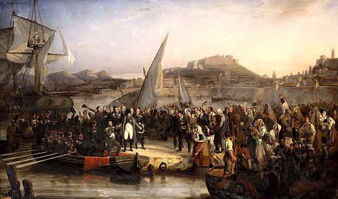 Napoléon quittant l'Île d'Elbe, peinture de Joseph Beaume (1836).