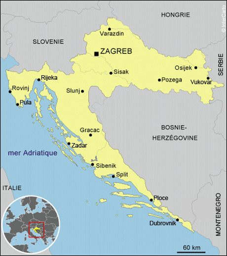 Carte de la Croatie et position de Zagreb