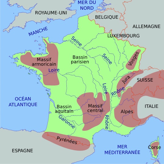 Carte des principaux massifs montagneux de France: Voges, Jura, Alpes, Massif Central, Pyrénées (et ancien massif armoricain).