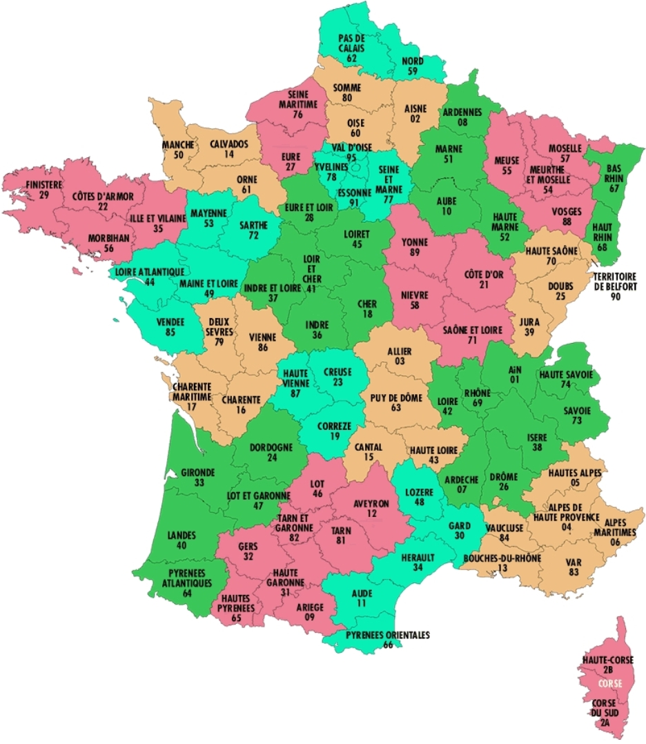 Les départements de la France métropolitaine et leurs numéros.
