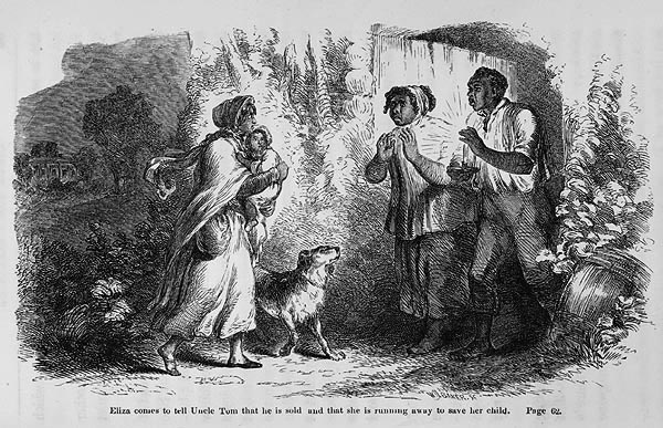 Élisa raconte à Oncle Tom qu'il a été vendu à Augustin St. Clare, elle décide de fuir pour sauver son enfant. Illustration réalisée par Hammatt Billings pour la première édition en 1852.