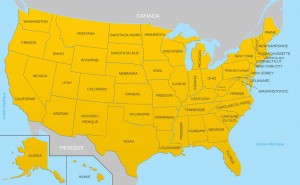Carte des États-Unis avec le nom de chacun des 50 états.