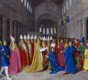 Sacre de Charlemagne, enluminure de Jean Fouquet, 1455.