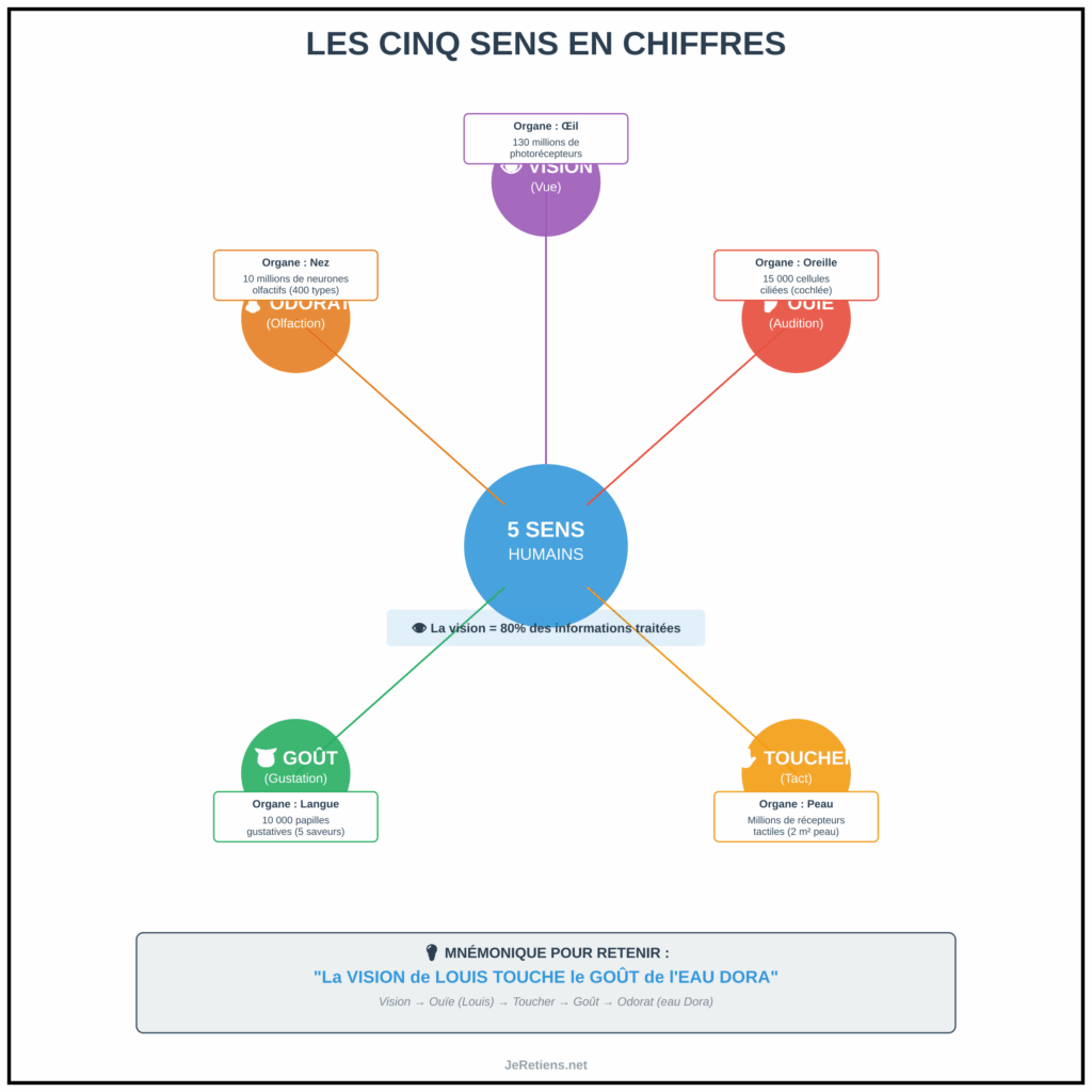 Infographie circulaire des cinq sens avec organes et nombre de récepteurs : vision 130M photorécepteurs, ouïe 15000 cellules ciliées, toucher millions récepteurs, goût 10000 papilles, odorat 10M neurones olfactifs