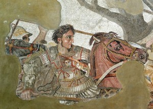 Alexandre le Grand sur son cheval Bucéphale lors de la bataille d'Issos, mosaïque romaine de Pompéi, conservée à Naples.