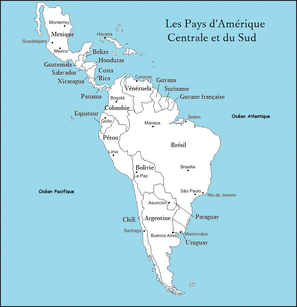 amérique du sud carte pays Pays d'Amérique Centrale et du Sud