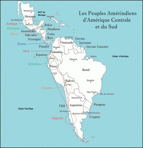 Carte des peuples indigènes, autochtones, d'Amérique Centrale et d'Amérique du Sud, présents avant l'arrivée et la colonisation des Européens.