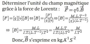 déterminer_unité_champ_magnétique_grâce_force_de_lorentz_tesla