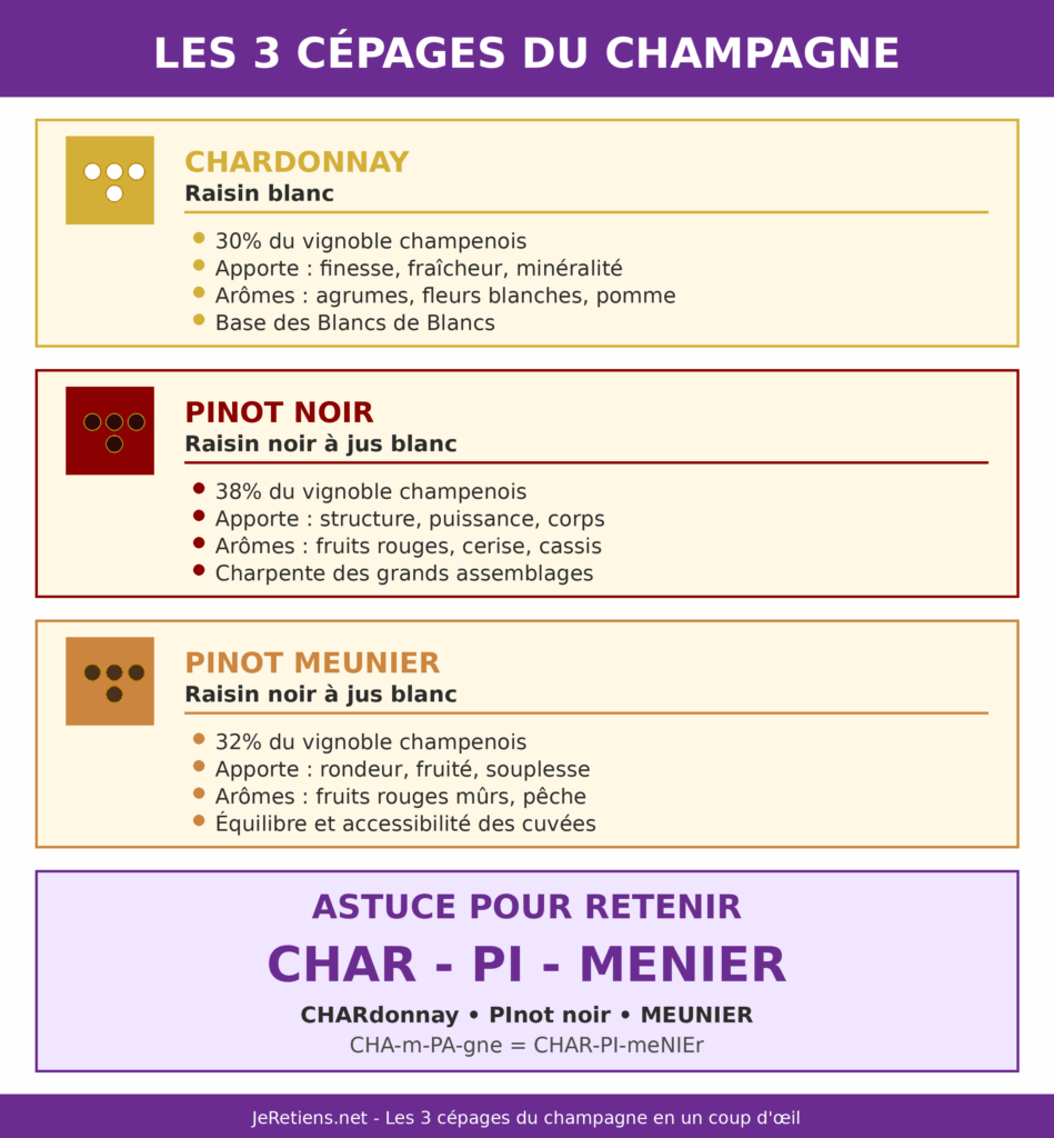 Infographie des 3 cépages du champagne : chardonnay (raisin blanc, 30% vignoble, finesse et minéralité), pinot noir (raisin noir, 38%, structure et puissance), pinot meunier (raisin noir, 32%, rondeur et fruité). Mnémotechnique CHAR-PI-MENIER pour les retenir facilement.
