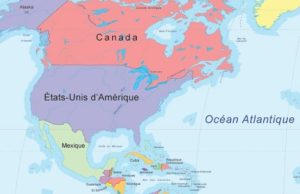 Carte des trois pays d'Amérique du Nord: Canada, États-Unis, Mexique.