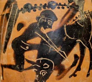 Hercule et le taureau crétois, vase attique à figures noires, 480-460 avant J.-C.