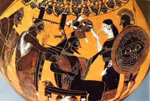 Naissance d'Athéna qui sort en armure et en armes de la tête de Zeus, pris de migraine.