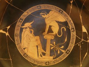 Enigme du Sphinx Thèbes Oedipe, qui marche à quatre trois deux pattes l'homme