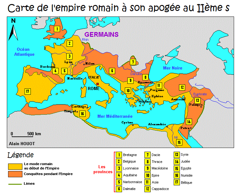 Carte de l'empire romain, peuples conquis, provinces, limes
