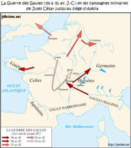 Carte de la Guerre des Gaules (de -58 à -51), les flèches indiquent les campagnes militaires menées par Jules César et son armée.
