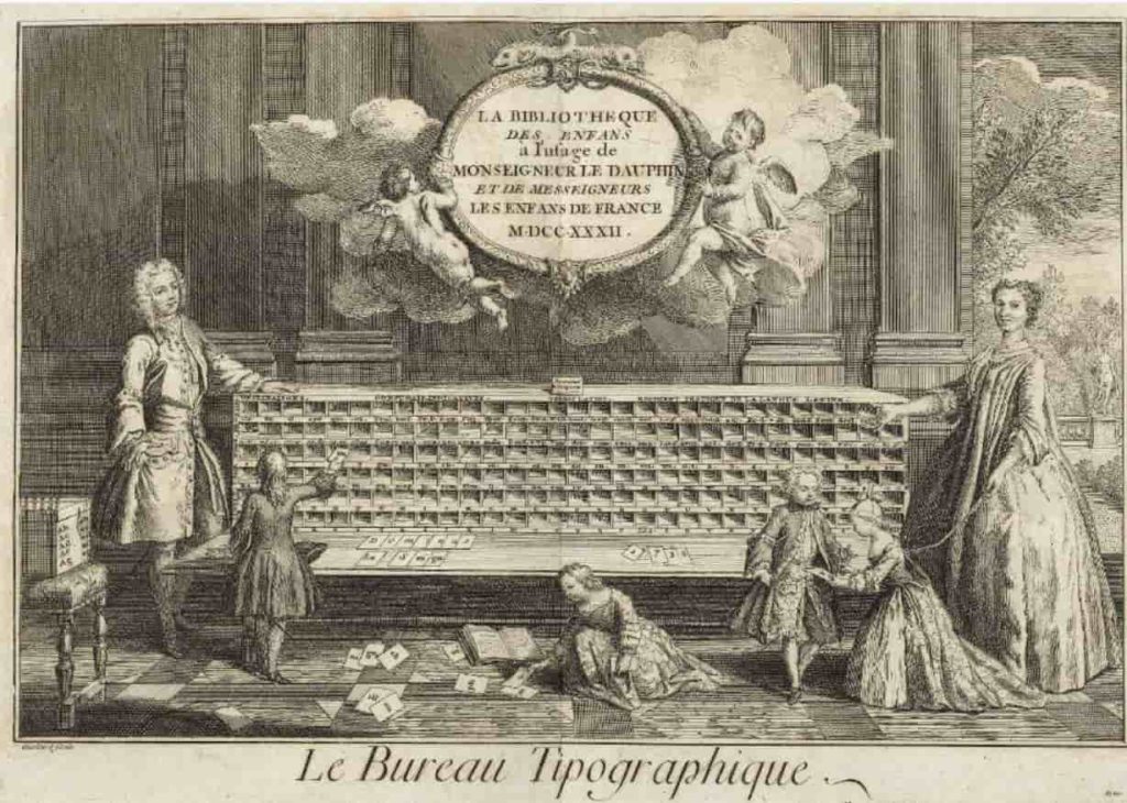 Gravure du Bureau typographique de Louis Dumas. Système pédagogique d'apprentissage de la lecture et de l'écriture au début du XVIIIème siècle. La gravure fait mention de 1732 en chiffres romain, la publication date de 1733.