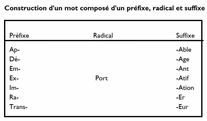 Exemple de découpage d'un mot autour du radical port, avec une variété de préfixes et de suffixes qui créent des termes différents.