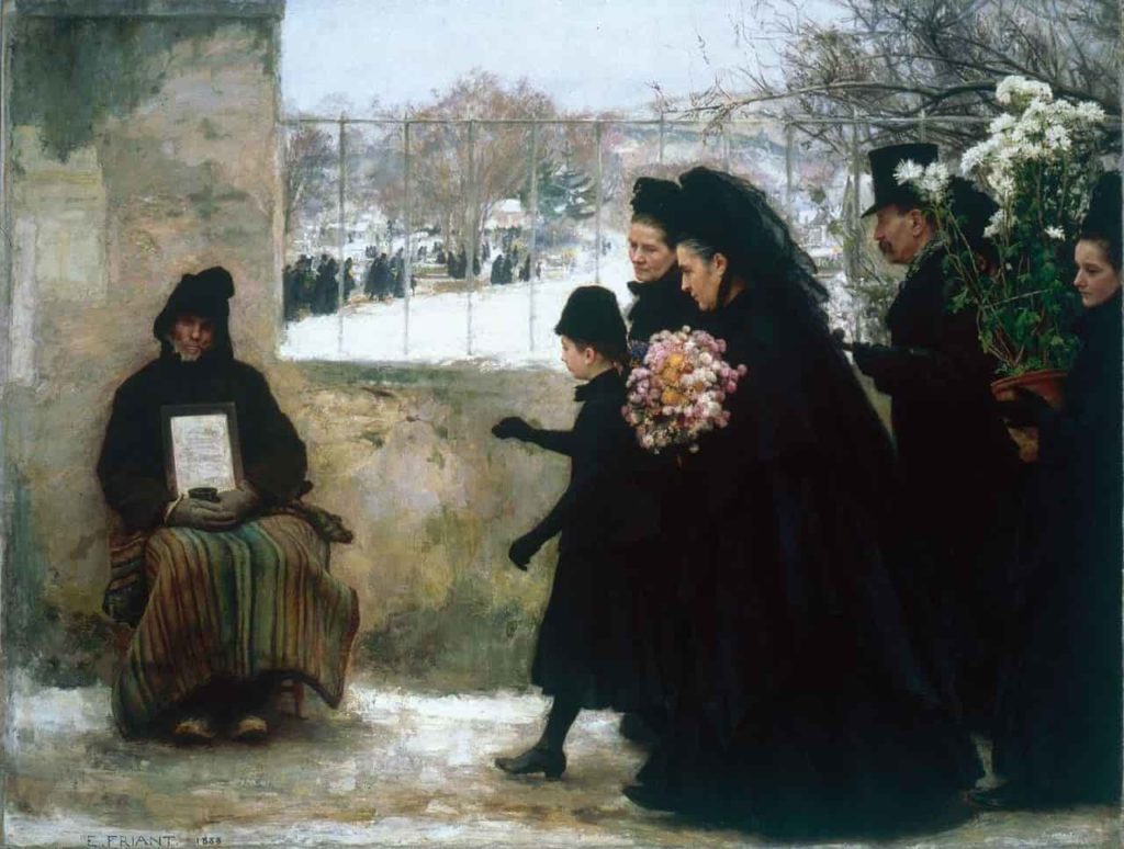 La Toussaint, peint par Émile Friant en 1888. Ce tableau de la fin du XIXème siècle nous renseigne sur les traditions lors de la Toussaint: aller fleurir de chrysanthèmes les tombes et allumer des chandelles.