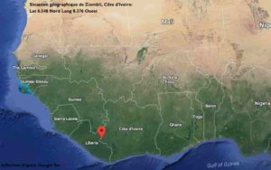 Situation géographique de Ziombli en Côte d'Ivoire. Vue par satellite.