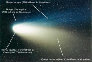 Strcture coupe schéma de la comète coma noyau poussières ion queue