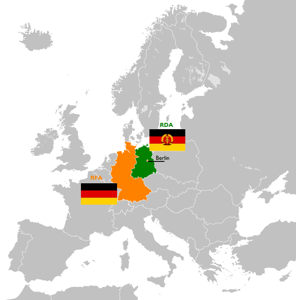 Carte politique de l'Europe indiquant l'Allemagne de l'Ouest (RFA) en orange, avec son drapeau, et l'Allemagne de l'Est (RDA) en vert, avec son drapeau.