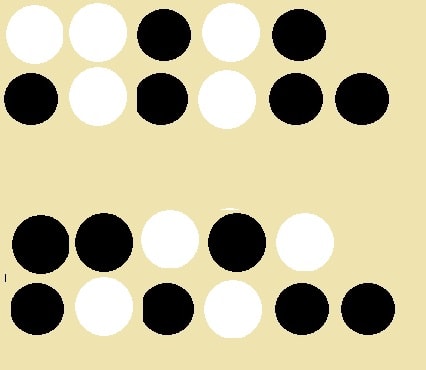Au dessus, les 5 jetons pris au hasard parmi les 11 jetons; en dessous le résultat obtenu en retournant les faces de ces 5 jetons: il y a le même nombre de jetons blancs dans le tas de 5 et dans le tas de 6 !