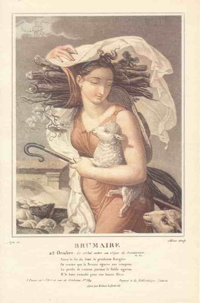 Brumaire, mois du calendrier républicain ou révolutionnaire. Gravure de Salvatore Tresca, dessin de Louis Lafitte, 1797-1798.