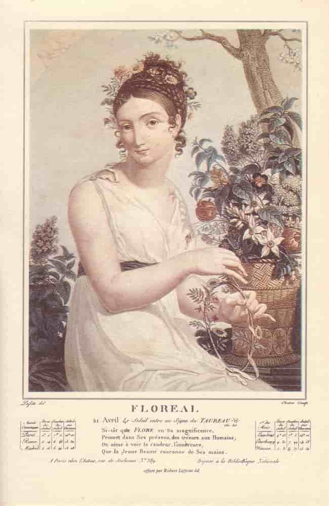 Floréal, mois du calendrier républicain ou révolutionnaire. Gravure de Salvatore Tresca, dessin de Louis Lafitte, 1797-1798.