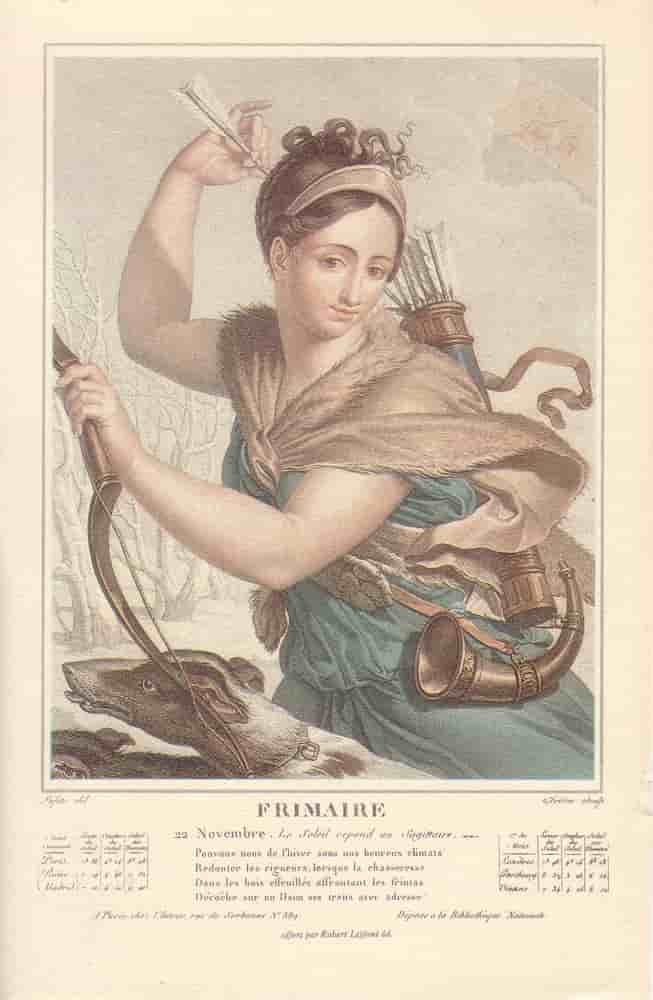 Frimaire, mois du calendrier républicain ou révolutionnaire. Gravure de Salvatore Tresca, dessin de Louis Lafitte, 1797-1798.
