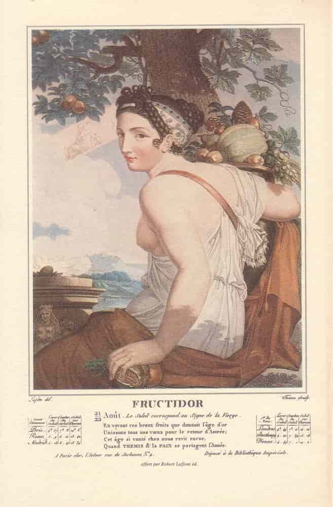 Fructidor, mois du calendrier républicain ou révolutionnaire. Gravure de Salvatore Tresca, dessin de Louis Lafitte, 1797-1798.
