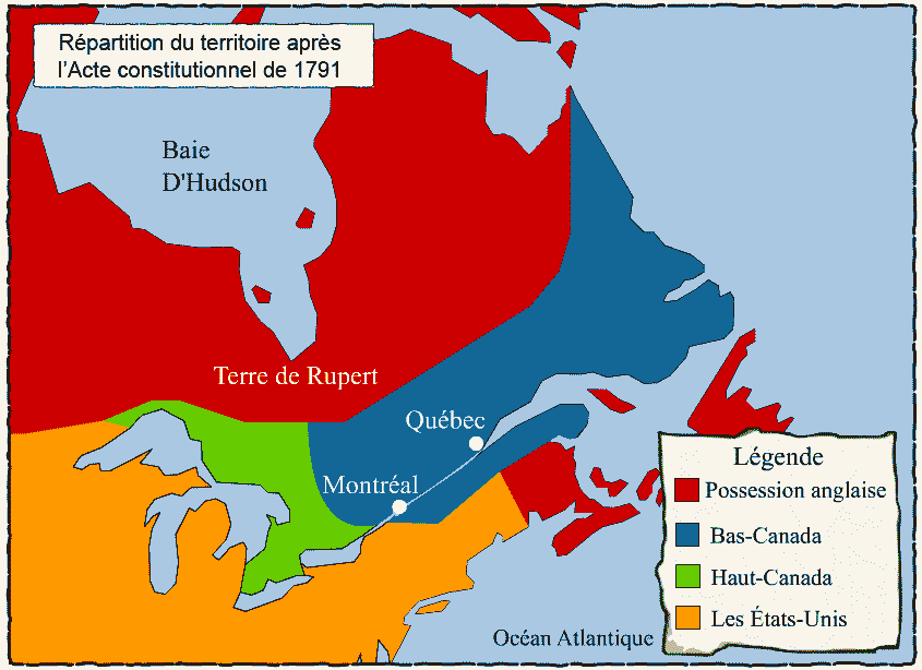 Répartition du territoire du Canada après l'acte constitutionnel de 1791, Haut-Canada et Bas-Canada.