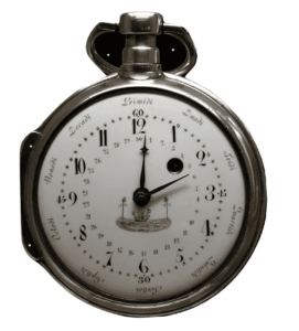 Exemple d'une montre à gousset reprenant les heures décimales, mais aussi les jours et la semaine du calendrier républicain.