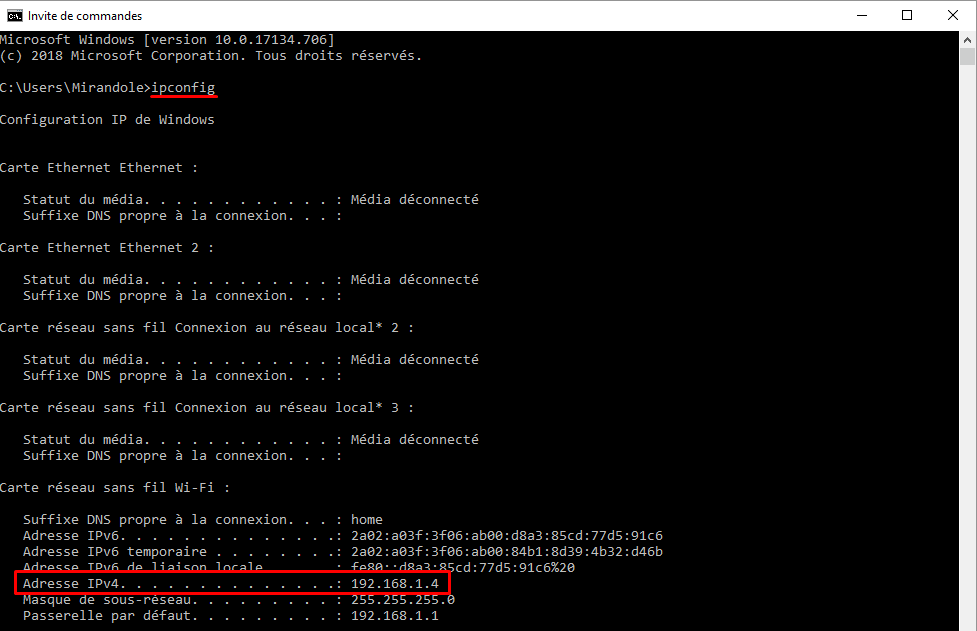 Aperçu de la commande ipconfig sous Windows pour trouver son adresse IP locale