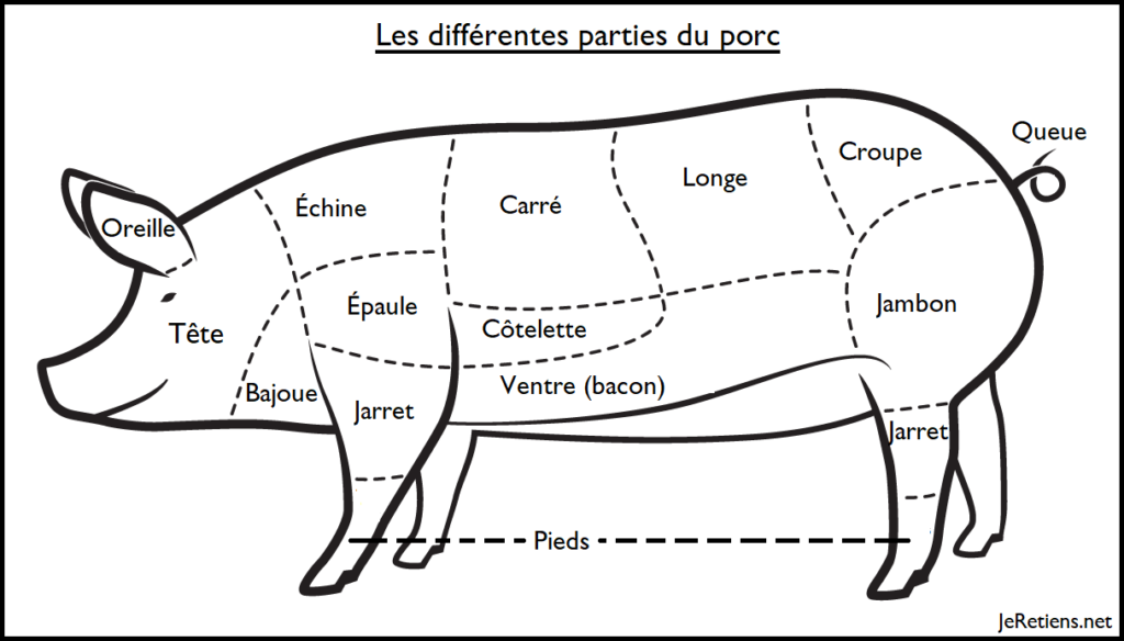 Schéma du nom des différentes parties ou morceaux du porc après sa découpe par le boucher