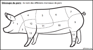 Schéma du nom des différents morceaux de porc après découpe de la carcasse