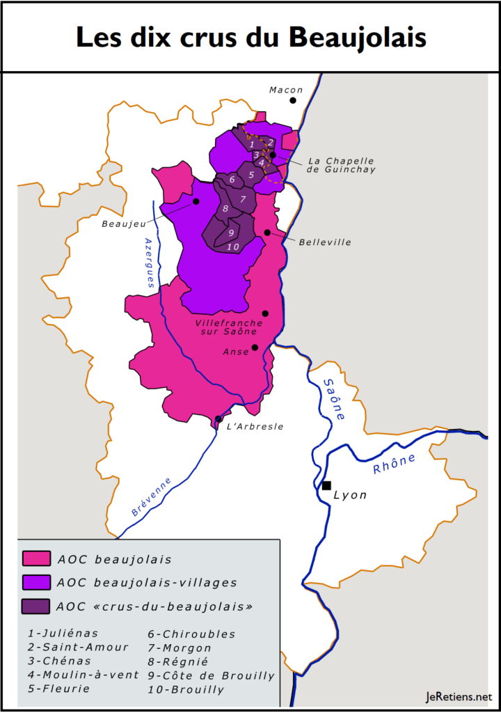 Carte de la région du Beaujolais et de ses vignobles
