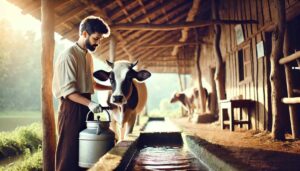 Une scène de ferme traditionnelle montrant un fermier en train de traire une vache à la main dans une salle de traite. Le fermier est concentré et la vache est calme, montrant la relation étroite entre l'animal et l'agriculteur. La lumière est douce, créant une atmosphère chaleureuse et authentique.