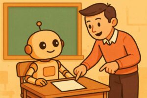 Un robot dans une séquence d’apprentissage supervisé, avec un professeur qui l'accompagne