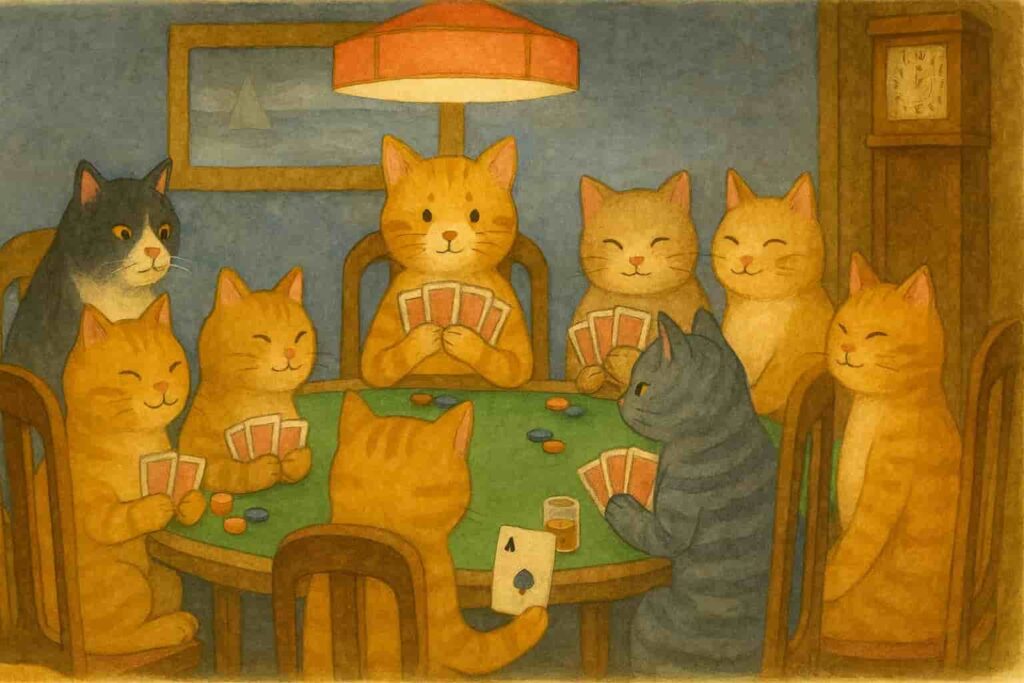 Illustration de chats qui jouent au poker, dont l'un triche pour aider son ami.