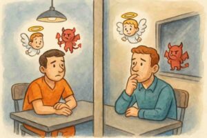 Illustration du dilemme du prisonnier : deux personnes s'interrogeant sur le bon choix à faire