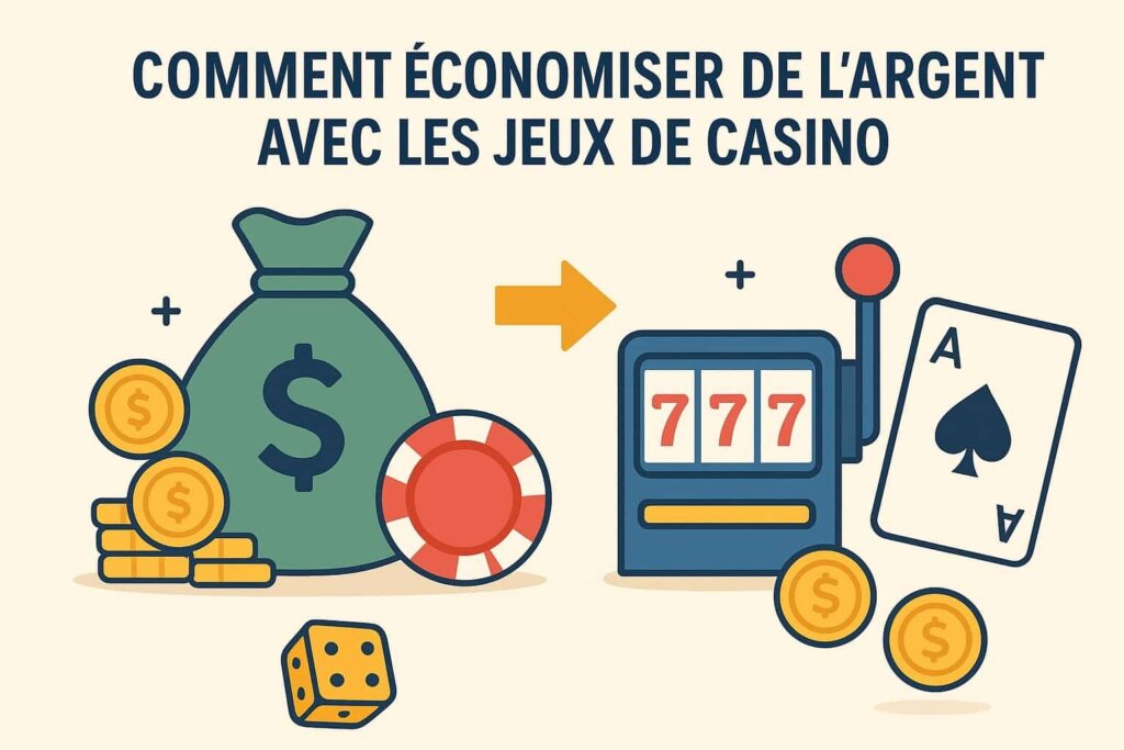 Image figurant un bandit manchot et un sac de jetons ainsi que des dés de casino