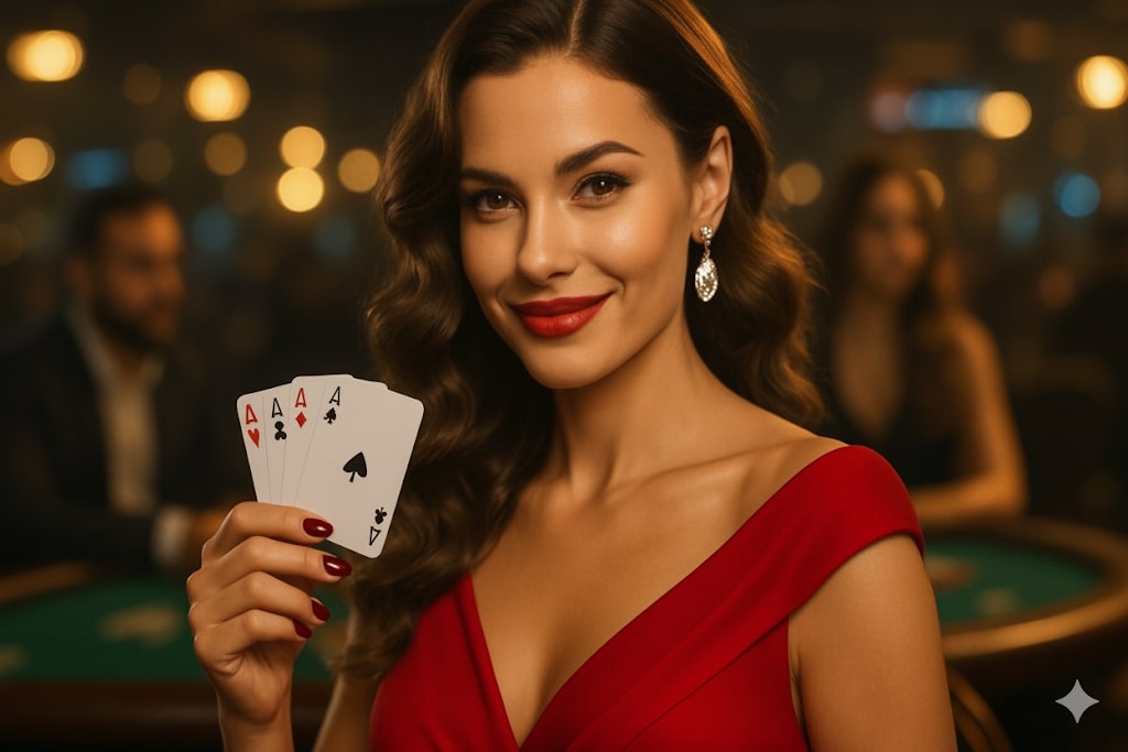 Femme tenant des cartes devant une table de poker au casino
