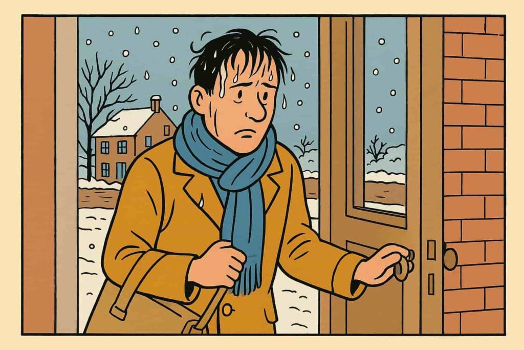 Illustration d'un homme qui sort de chez lui les cheveux mouillés en hiver