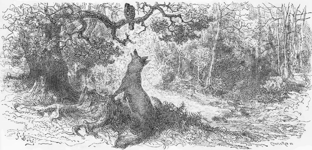 Le Corbeau et le Renard, illustration de Gustave Doré montrant le corbeau perché sur un arbre tenant un fromage dans son bec, et le renard en contrebas le regardant